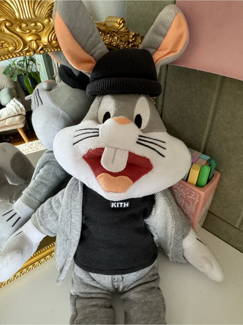 Kith Gray Bunny Plush with Black Tee and Pink Ear Accents